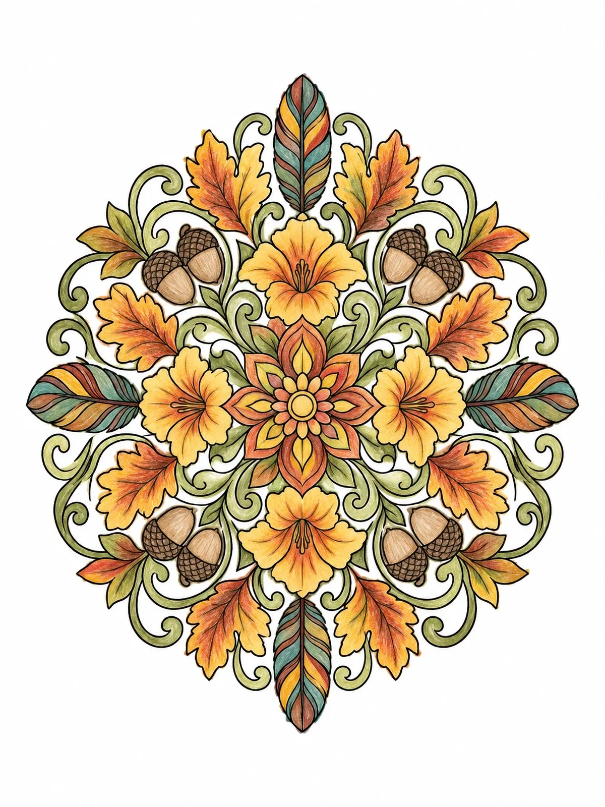 Colored example of the Autumn Mandala With Acorns And Feathers coloring page