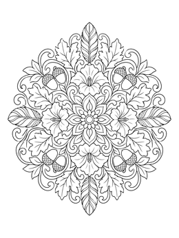 Free printable Autumn Mandala With Acorns And Feathers coloring page