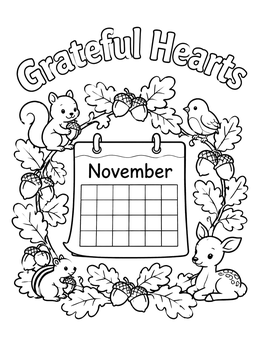 A sweet november coloring page with a calendar, acorns, leaves, and woodland creatures.