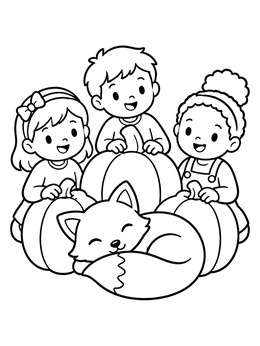 Three happy kids with big pumpkins and a sleeping fox on this november coloring page.