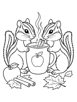 Two cute chipmunks hold a warm mug of cider on this cozy november coloring page.