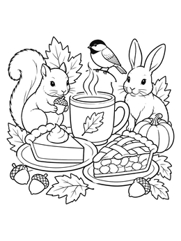 A cozy november coloring page featuring woodland animals, warm tea, and autumn pies.