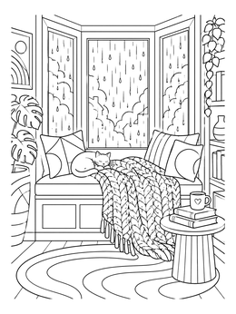 Free printable Cozy Rainy Window Nook coloring page