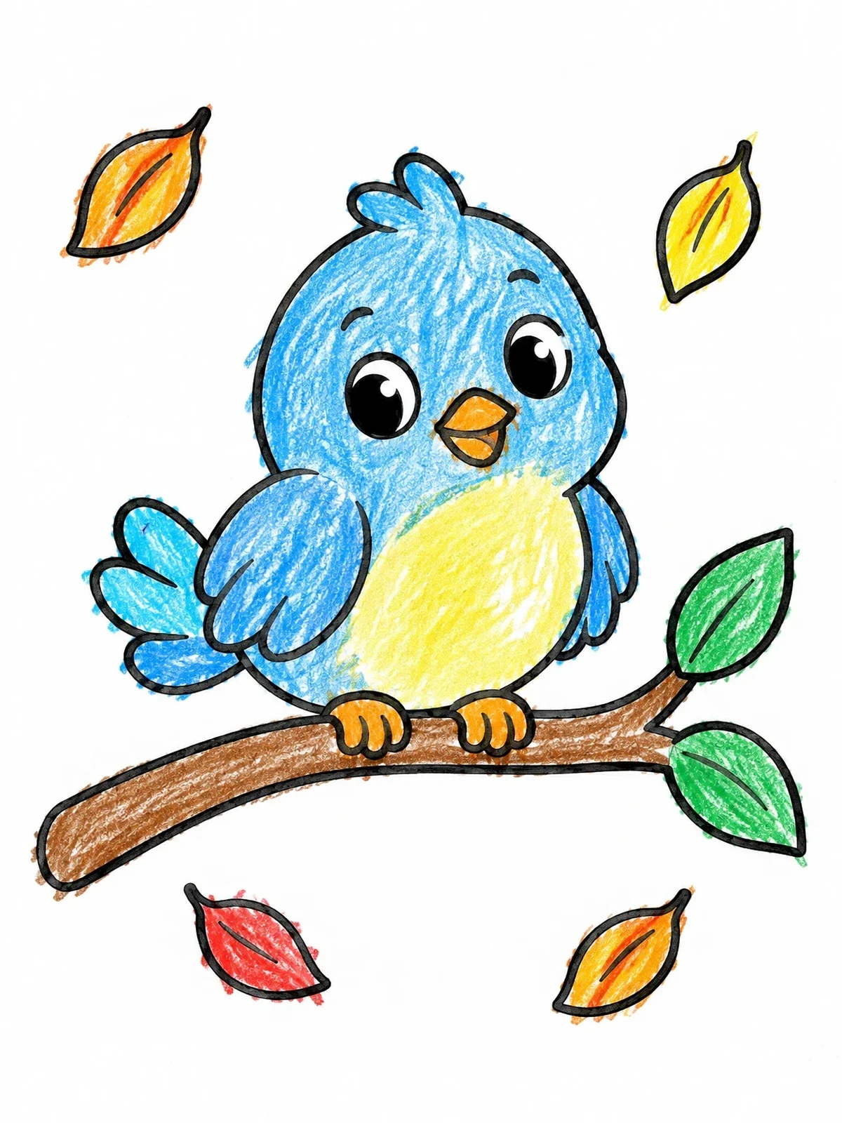 Colored example of the Cute Little Bird On Autumn Branch coloring page