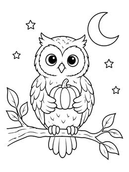An adorable owl holding a pumpkin on a branch under the moon in this november coloring page.