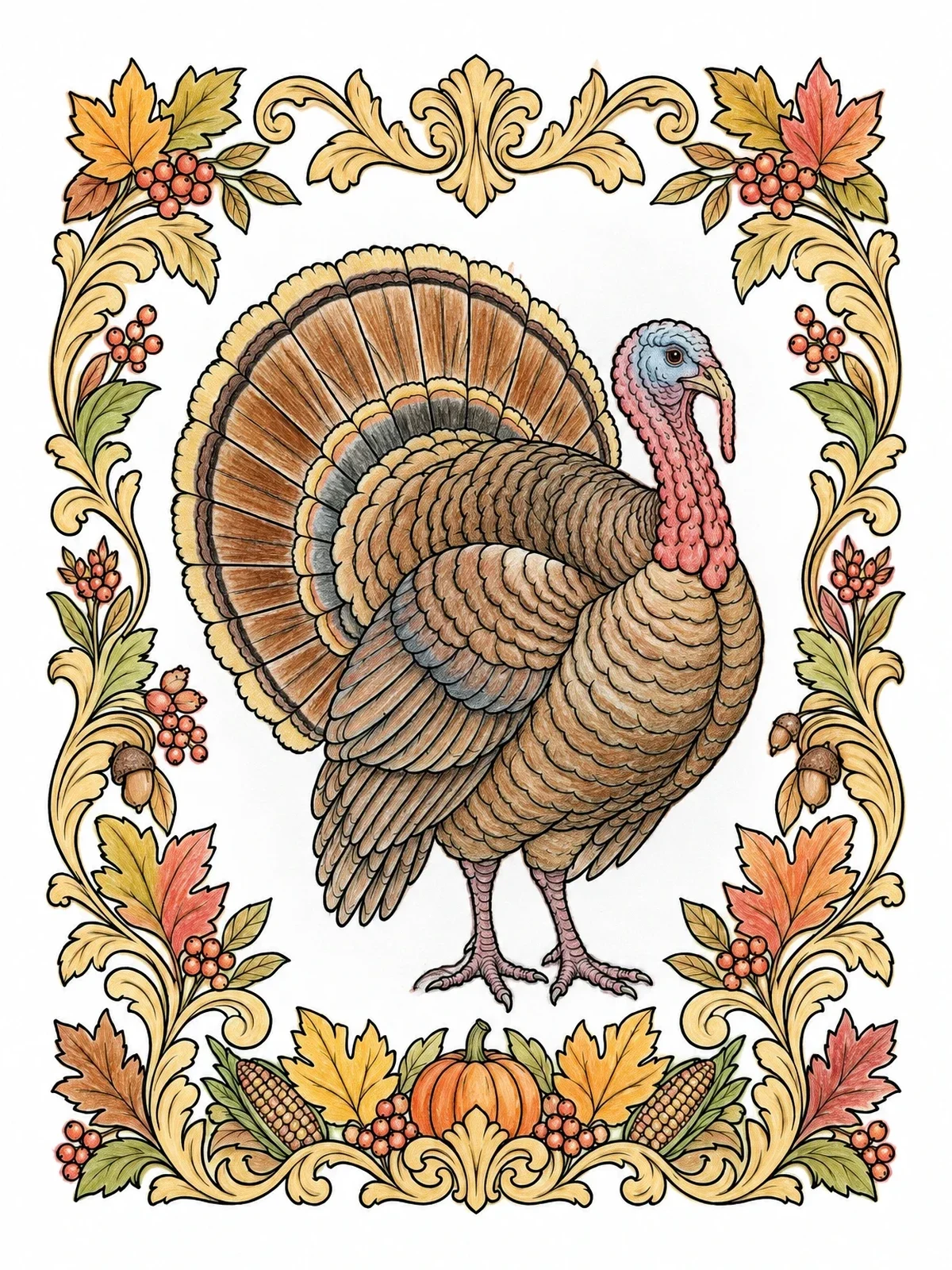 Colored example of the Detailed Turkey In Autumn Border coloring page
