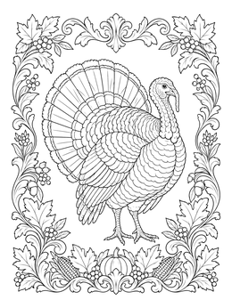 Free printable Detailed Turkey In Autumn Border coloring page