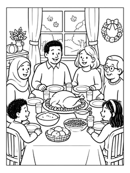 Free printable Family Thanksgiving Holiday Feast coloring page