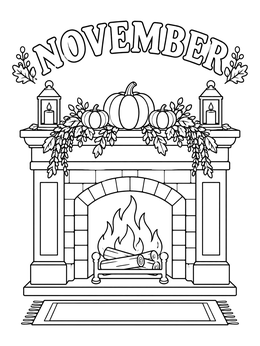 A cozy fireplace decorated with pumpkins and lanterns in this november coloring page.