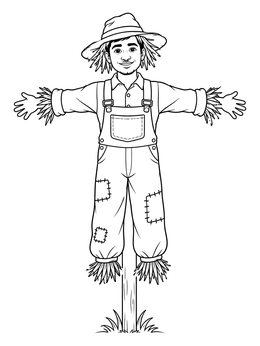 A friendly scarecrow wearing patched overalls on this november coloring page.
