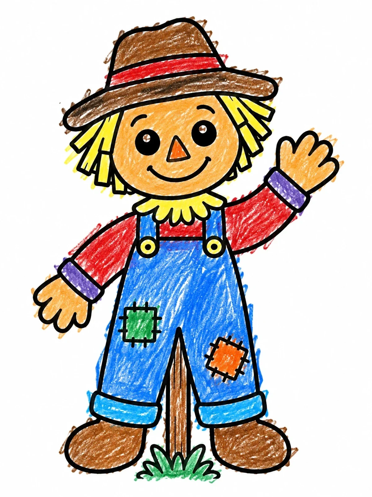Colored example of the Friendly Waving Cartoon Scarecrow coloring page