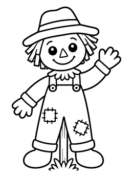 Free printable Friendly Waving Cartoon Scarecrow coloring page