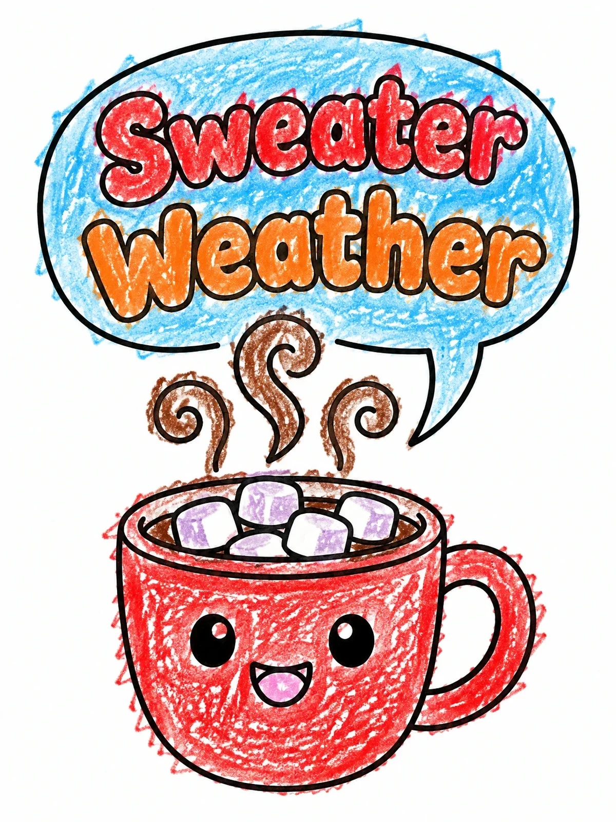 Colored example of the Cute Hot Cocoa Mug Sweater Weather coloring page