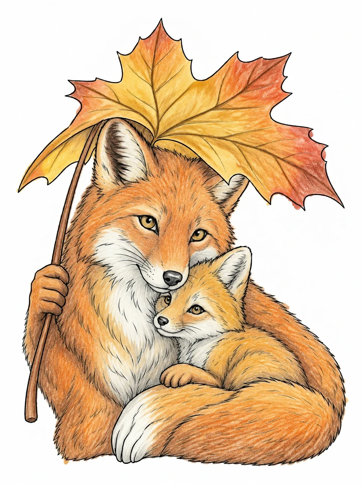 Colored example of the Mother Fox And Pup Under Maple Leaf coloring page