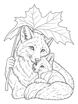 Free printable Mother Fox And Pup Under Maple Leaf coloring page