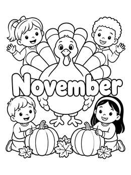 A friendly turkey, children, pumpkins, and autumn leaves on this cute november coloring page.