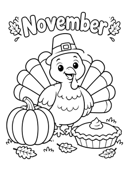 Free printable November Turkey With Pumpkin And Pie coloring page