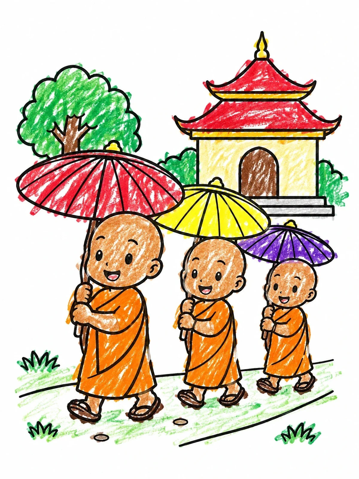 Colored example of the Novice Monks Walking With Parasols coloring page
