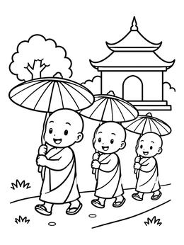 Free printable Novice Monks Walking With Parasols coloring page