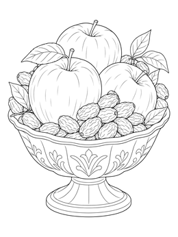 An ornate bowl filled with fresh apples and dried fruit on this Nowruz coloring page.