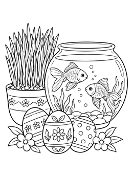 A festive nowruz coloring page featuring goldfish in a bowl, sprouted wheatgrass, and painted eggs.