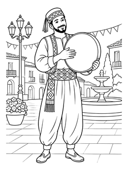 A festive musician in traditional dress playing a daf drum in this nowruz coloring page.