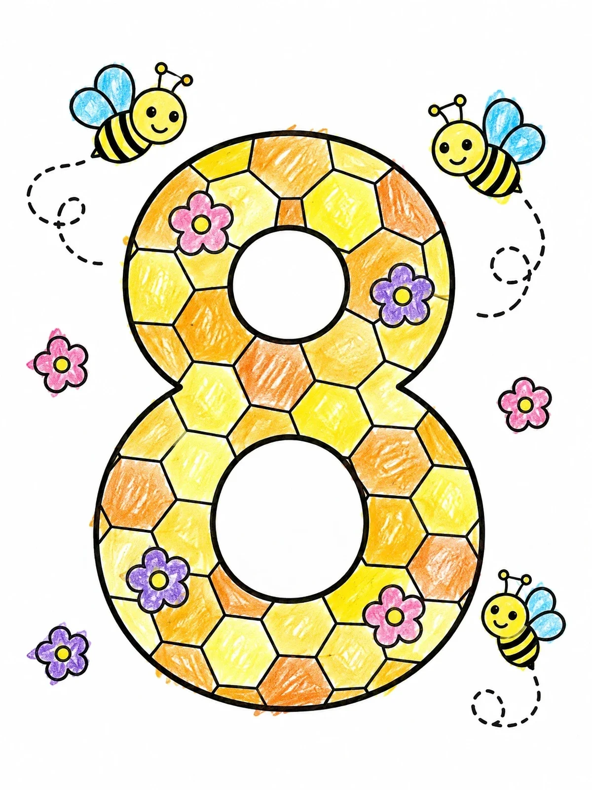 Colored example of the Number Eight With Honeycomb And Bees coloring page