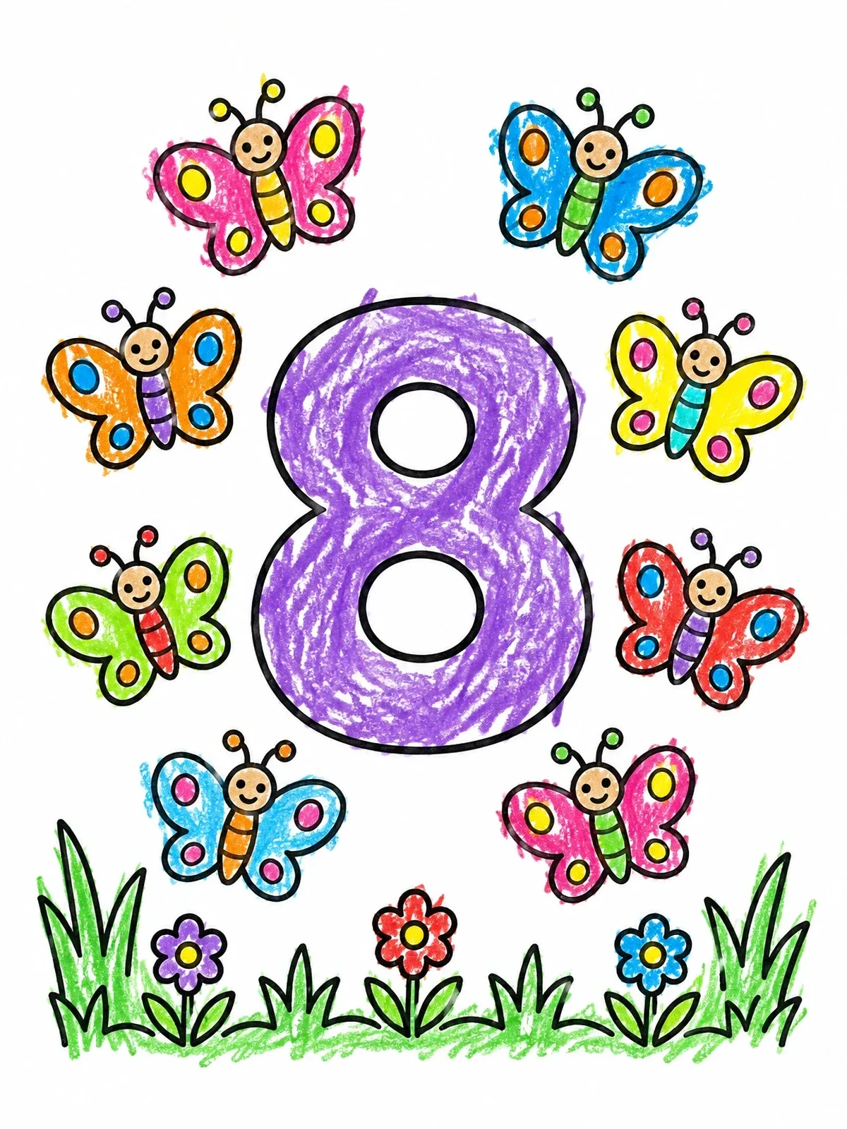 Colored example of the Number Eight With Fluttering Butterflies coloring page