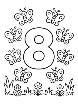Free printable Number Eight With Fluttering Butterflies coloring page