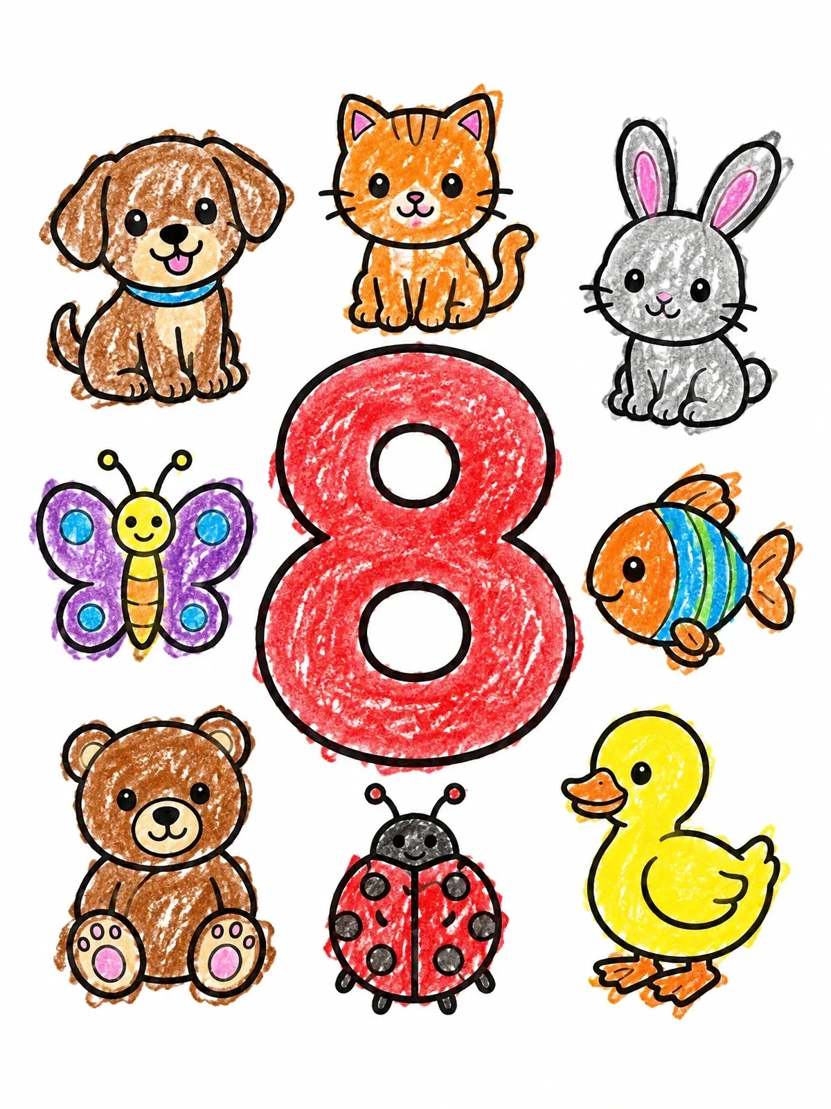 Colored example of the Number Eight With Cute Animals coloring page