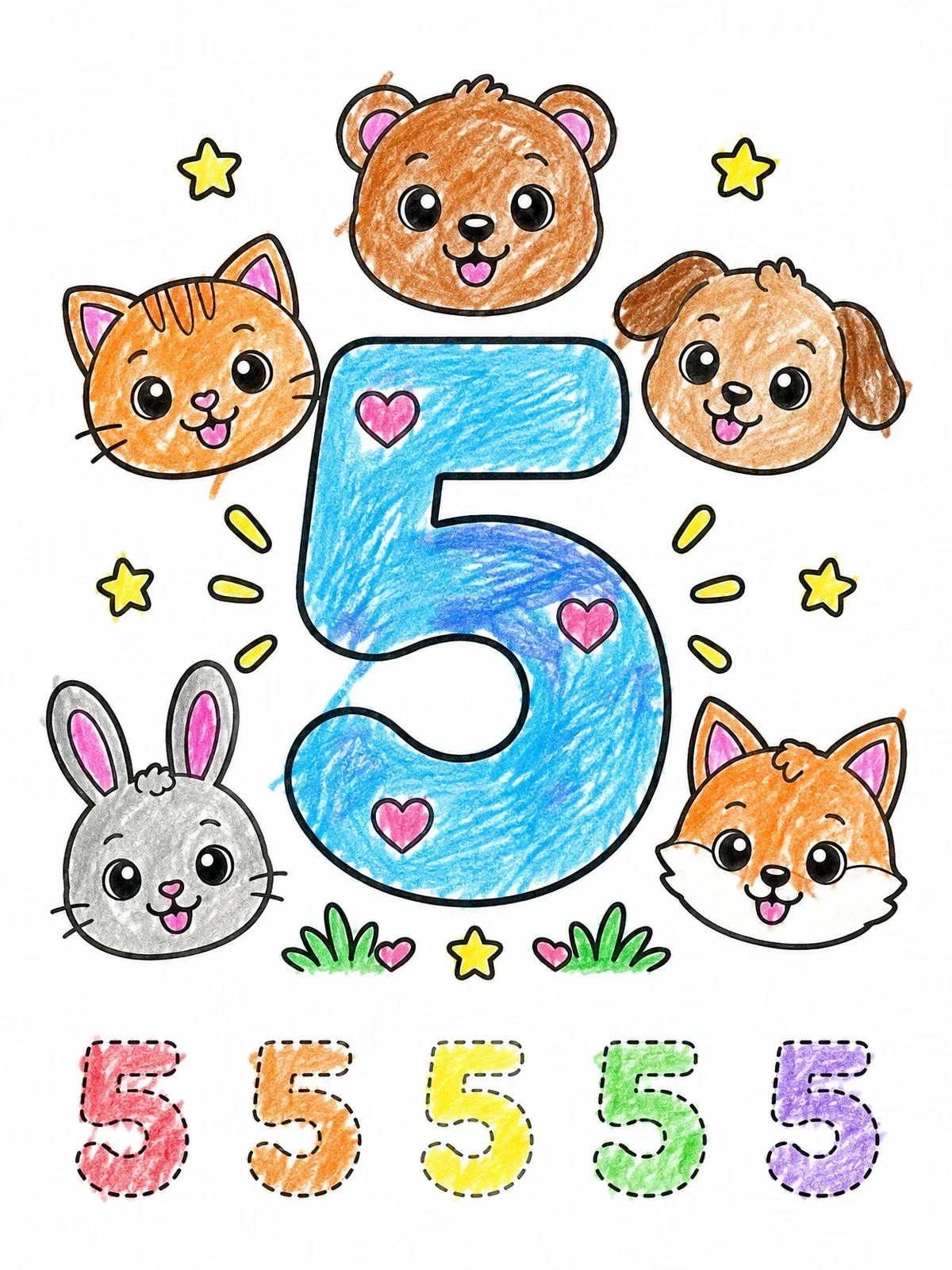 Colored example of the Number Five With Cute Animal Friends coloring page