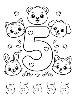 Free printable Number Five With Cute Animal Friends coloring page