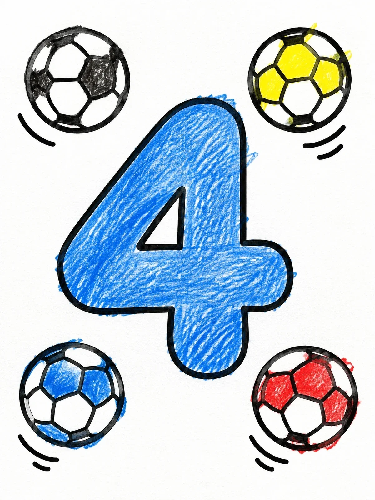 Colored example of the Number Four With Bouncing Soccer Balls coloring page