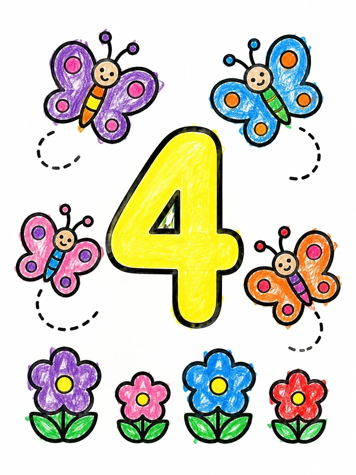 Colored example of the Number Four With Butterflies And Flowers coloring page