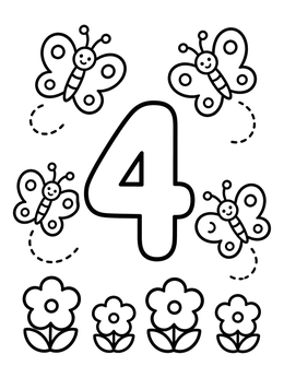 Free printable Number Four With Butterflies And Flowers coloring page