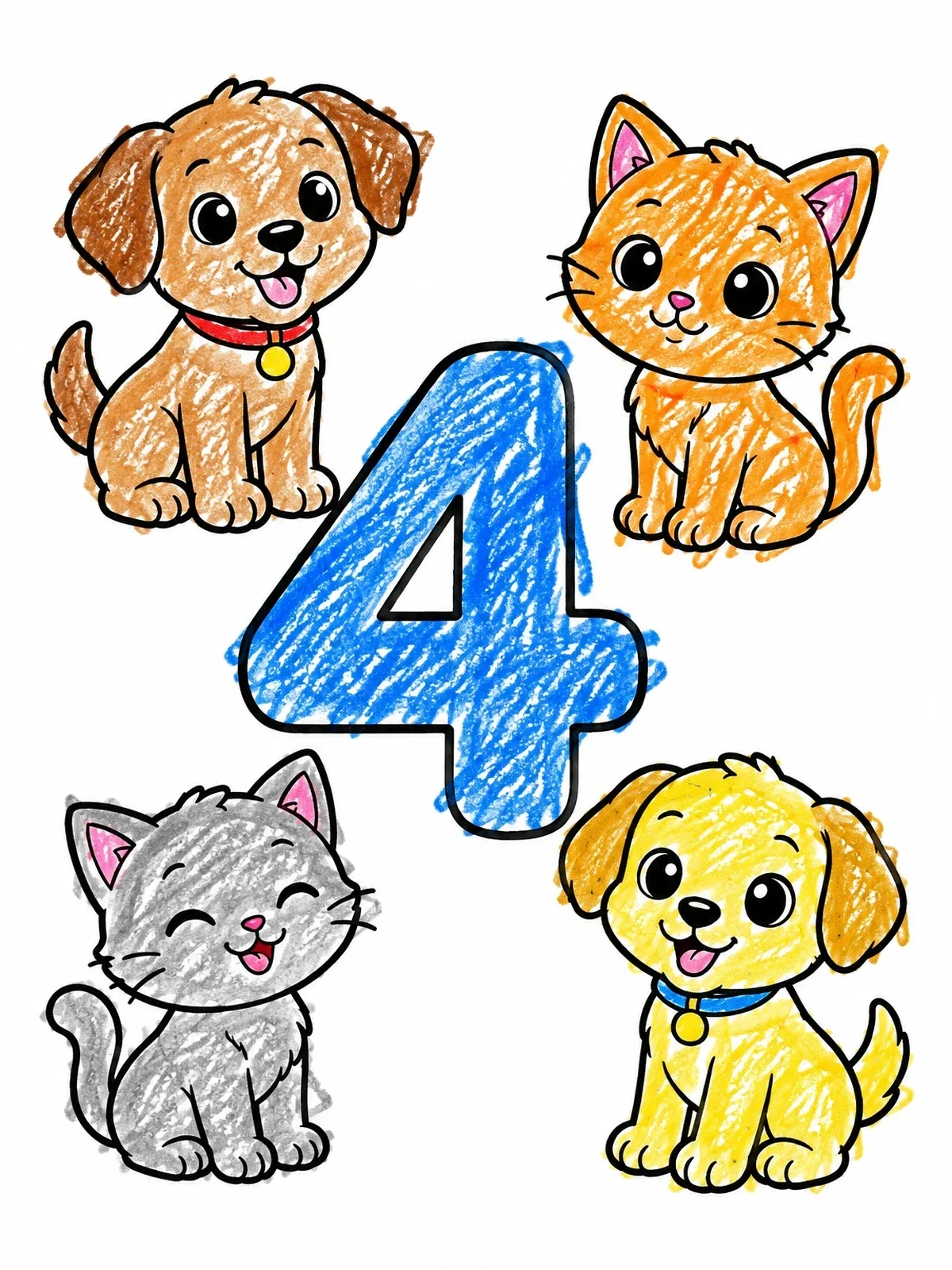 Colored example of the Number Four With Cute Puppies And Kittens coloring page