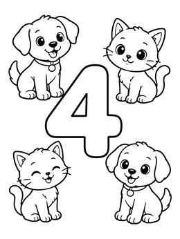 Free printable Number Four With Cute Puppies And Kittens coloring page