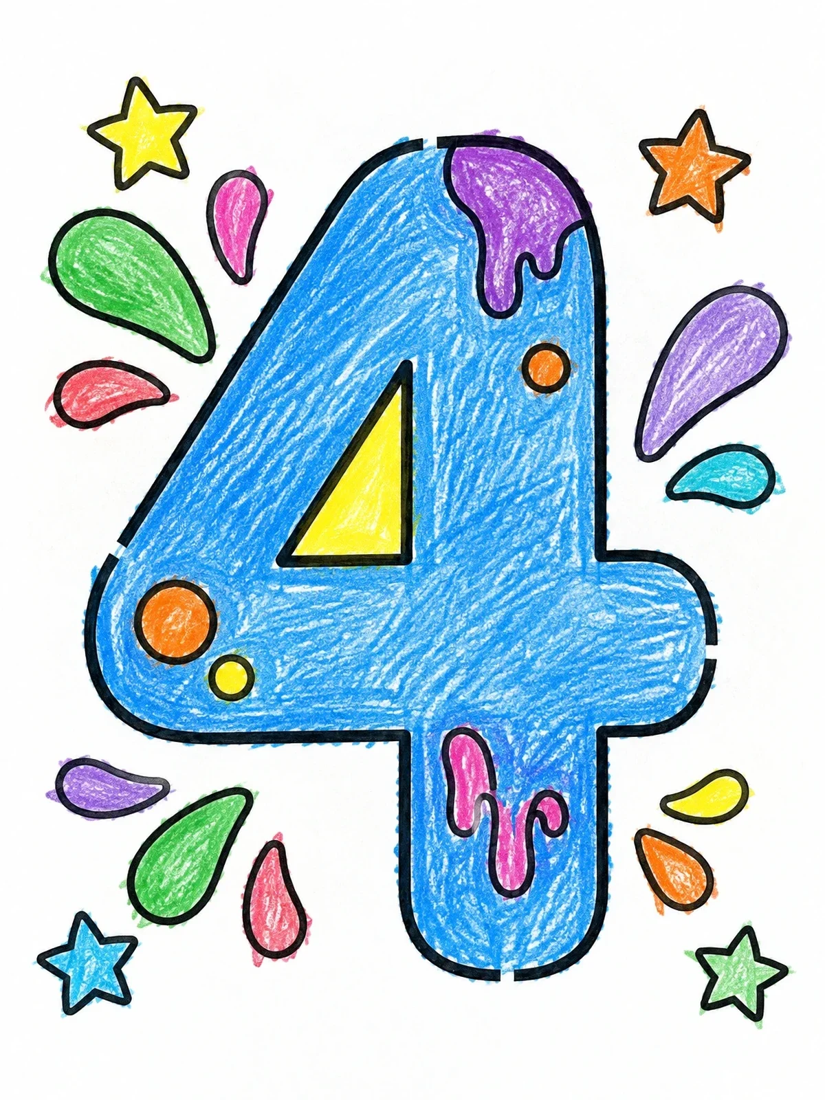 Colored example of the Number Four With Paint Splashes coloring page