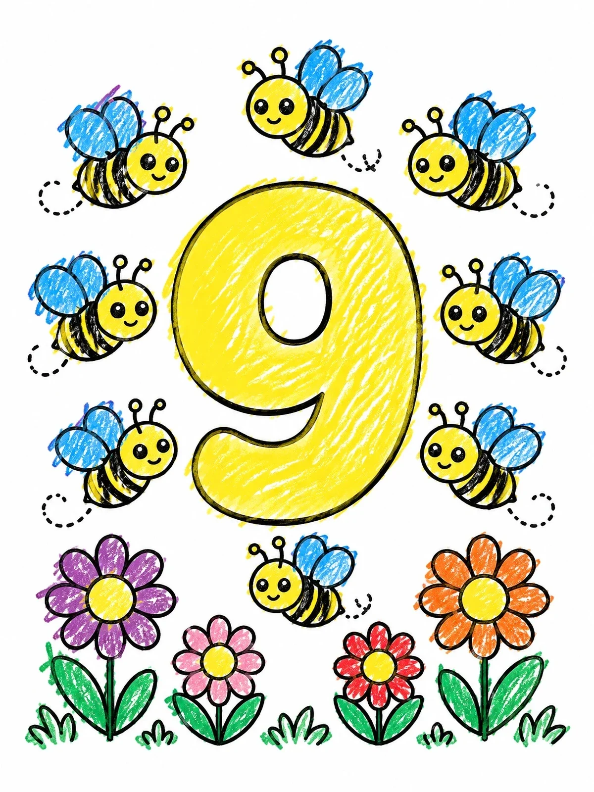 Colored example of the Number Nine With Busy Bees And Flowers coloring page