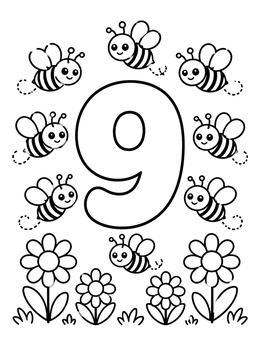 Free printable Number Nine With Busy Bees And Flowers coloring page