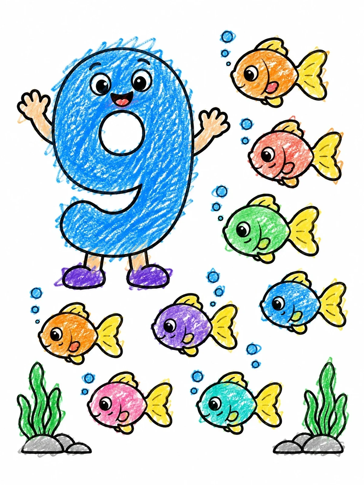 Colored example of the Number Nine With Little Swimming Fishes coloring page