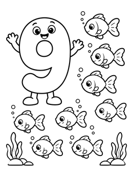 Free printable Number Nine With Little Swimming Fishes coloring page