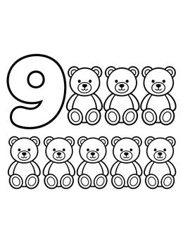 Free printable Number Nine With Eight Teddy Bears coloring page