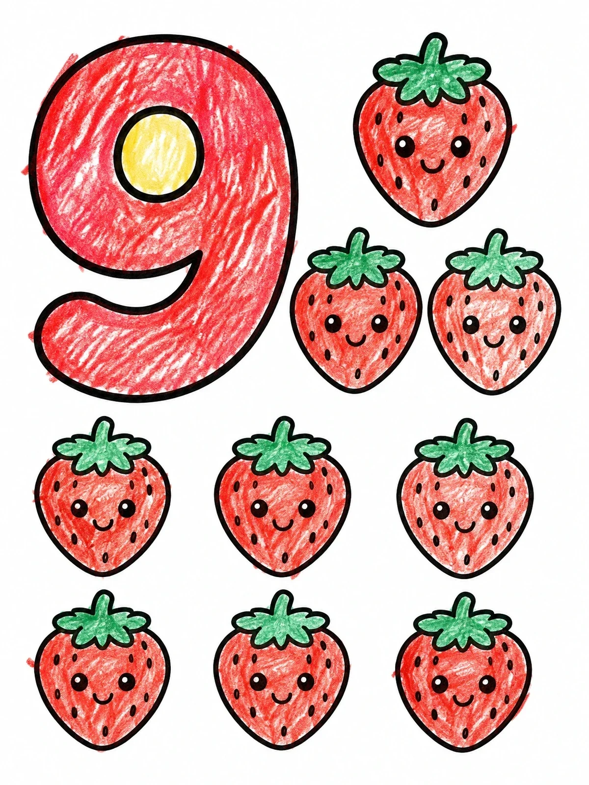 Colored example of the Number Nine With Smiling Strawberries coloring page