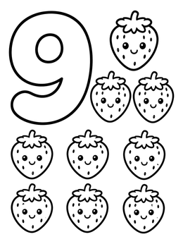 Free printable Number Nine With Smiling Strawberries coloring page