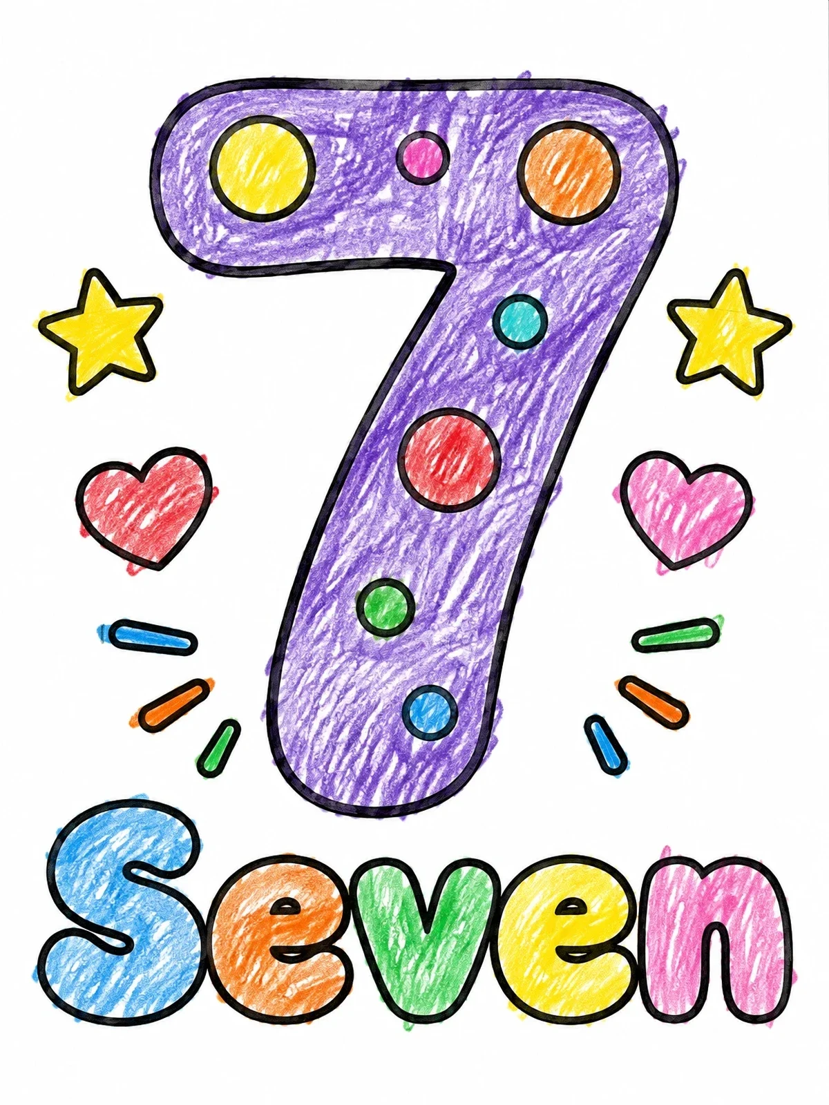 Colored example of the Number Seven With Stars And Hearts coloring page