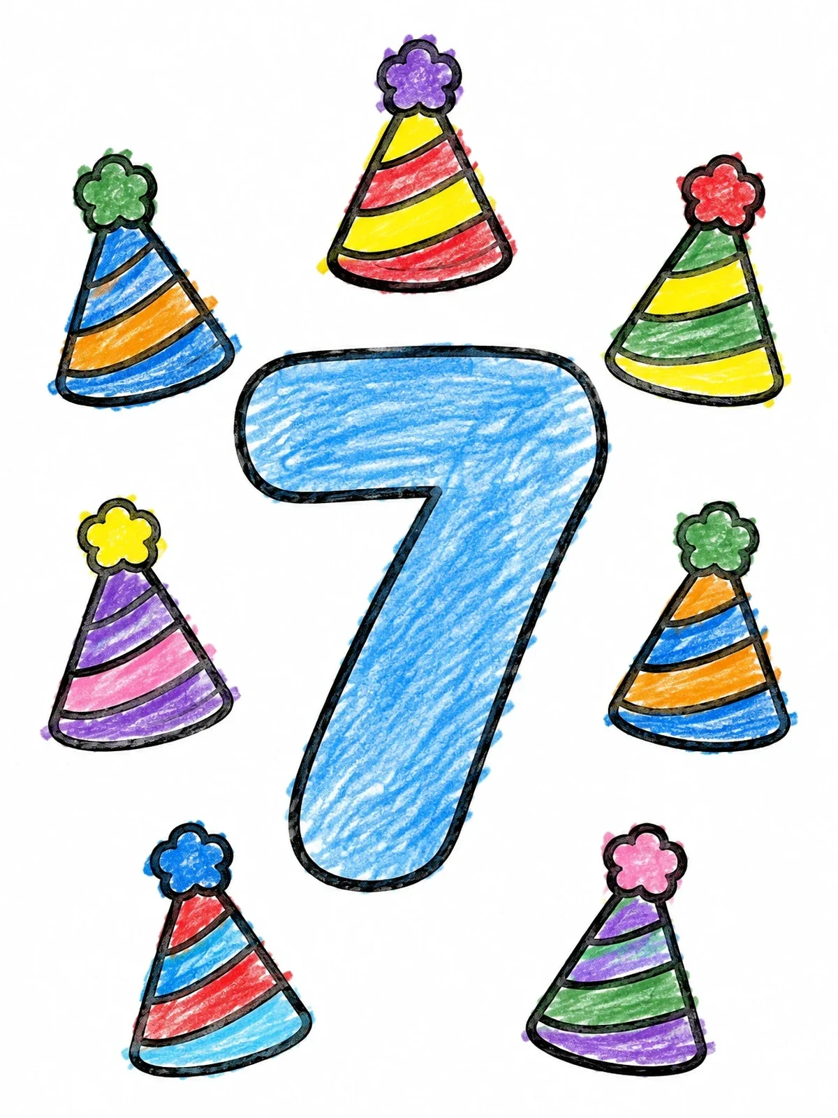 Colored example of the Number Seven With Striped Party Hats coloring page