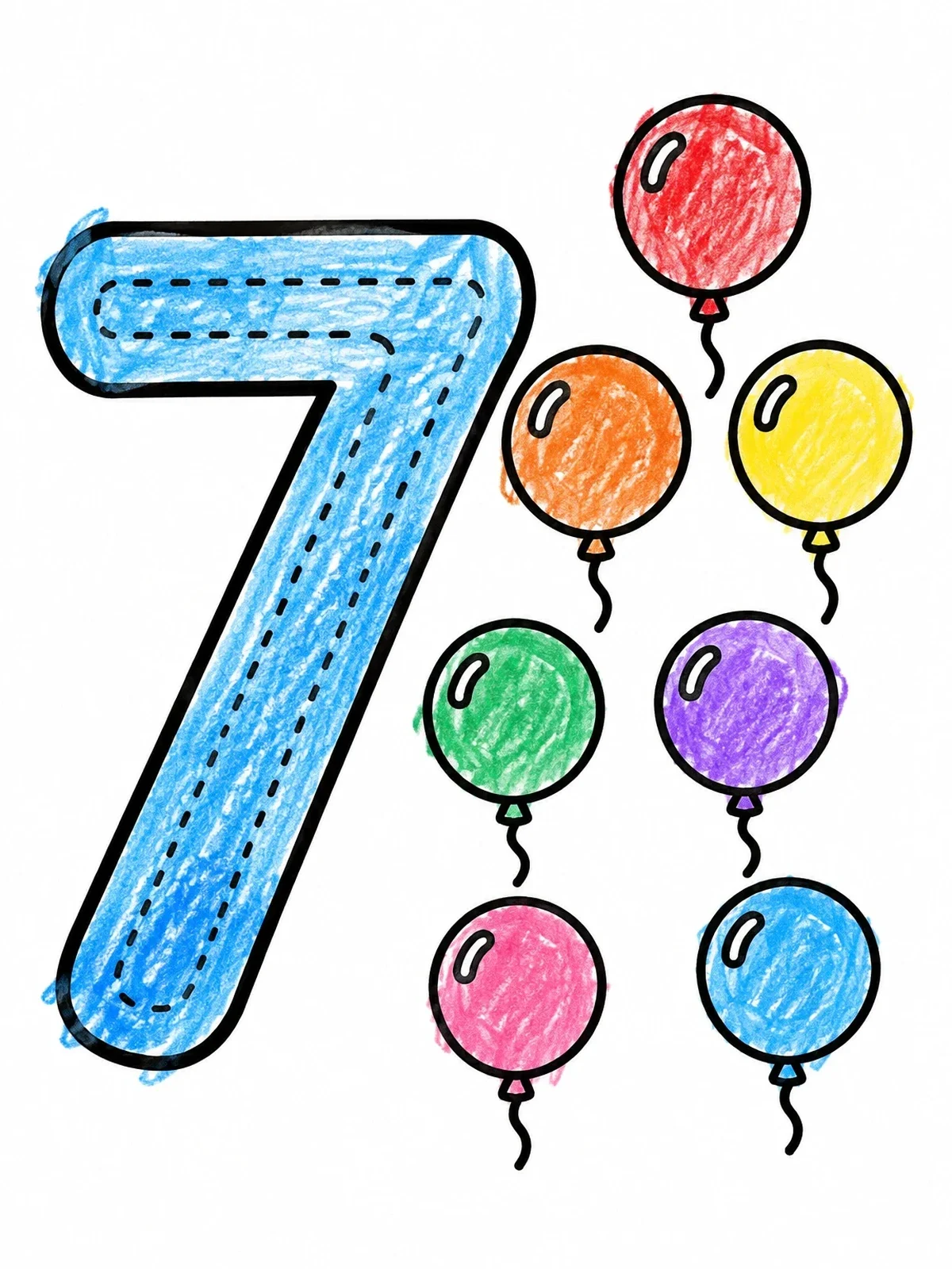 Colored example of the Number Seven With Seven Balloons coloring page