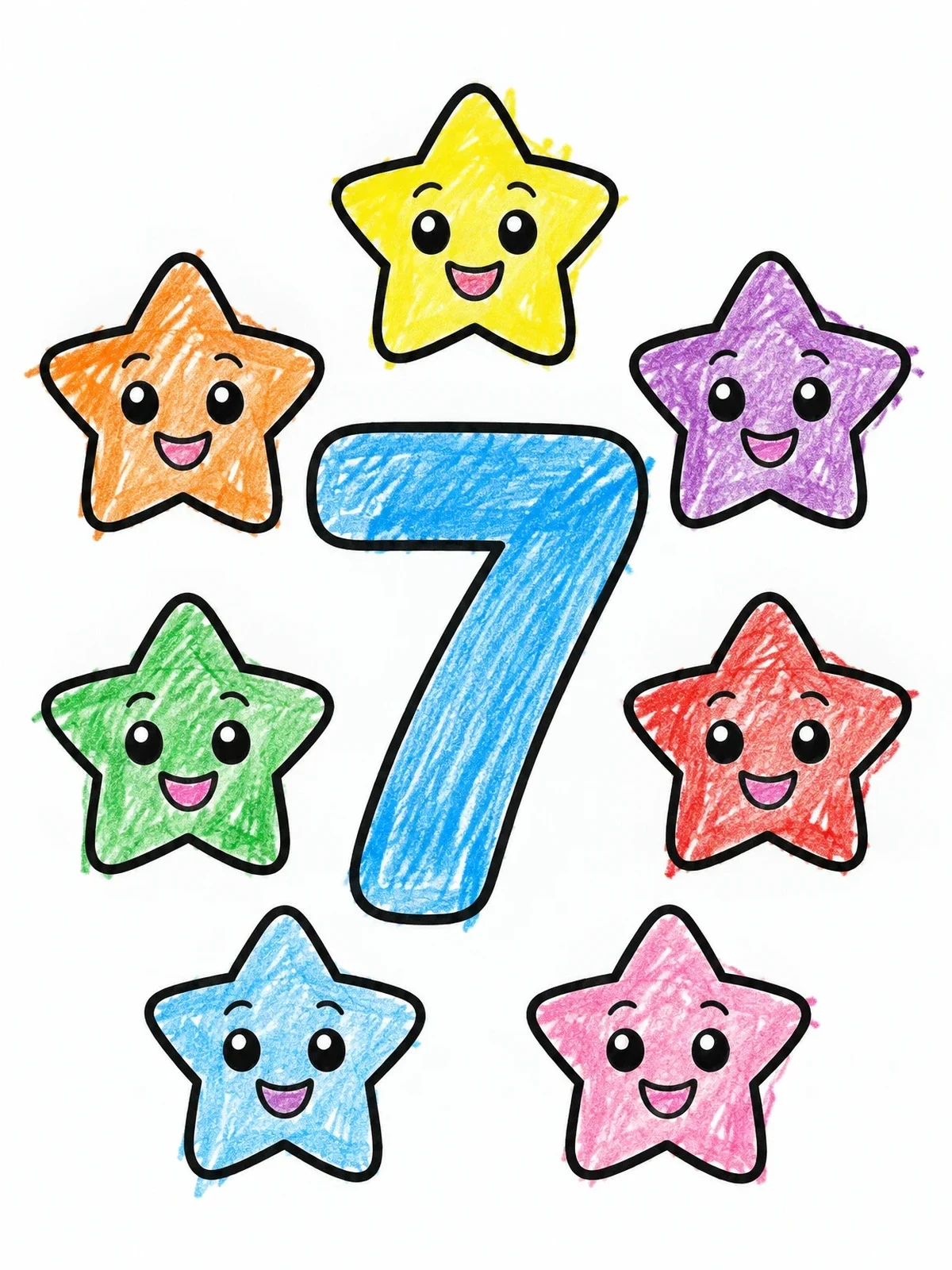 Colored example of the Number Seven With Smiling Stars coloring page