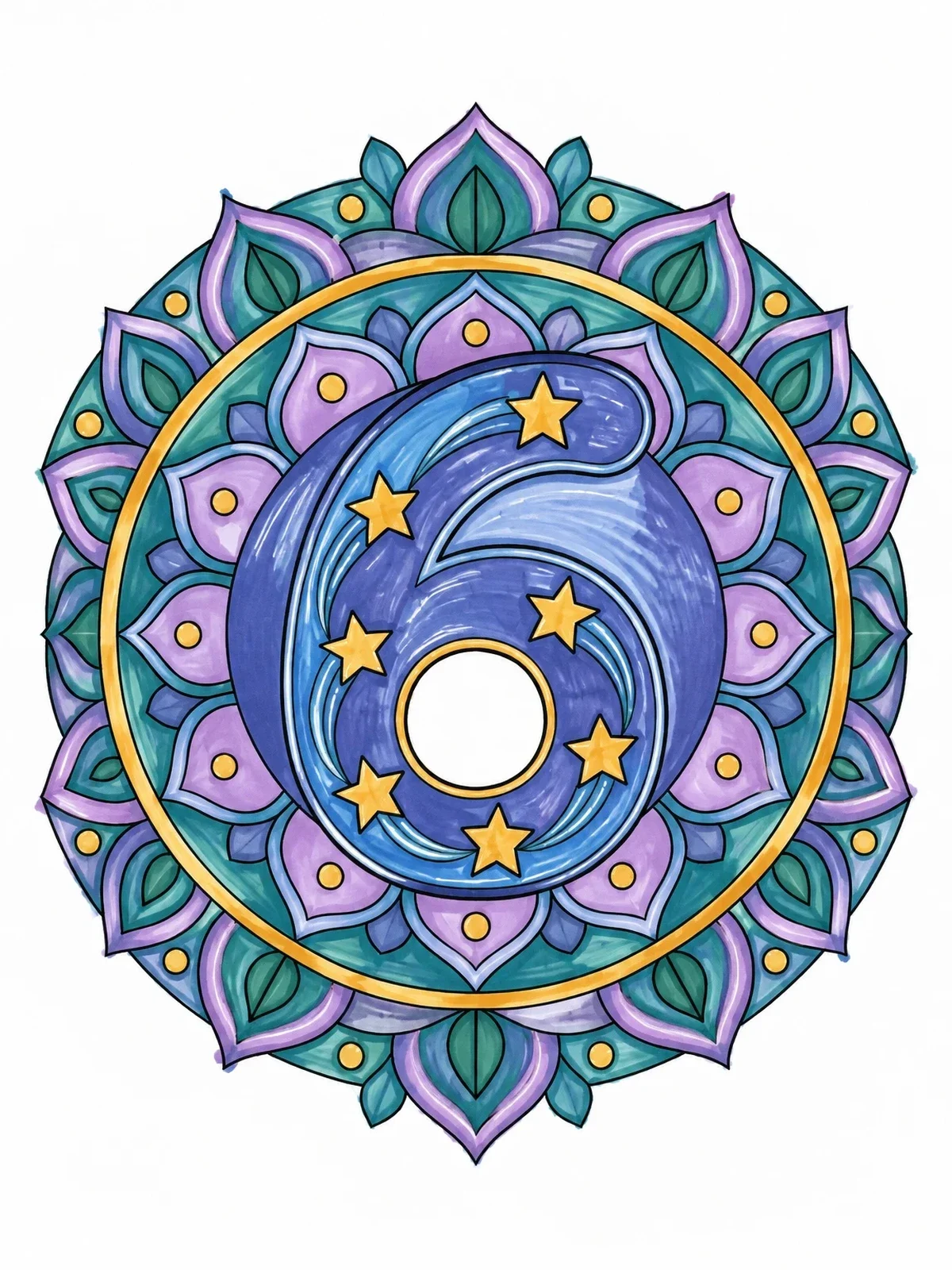 Colored example of the Number Six Mandala With Stars coloring page